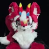 Red‑White Kemono Fursuit Head With Horns, Partial Furry Cosplay Toony Mask
