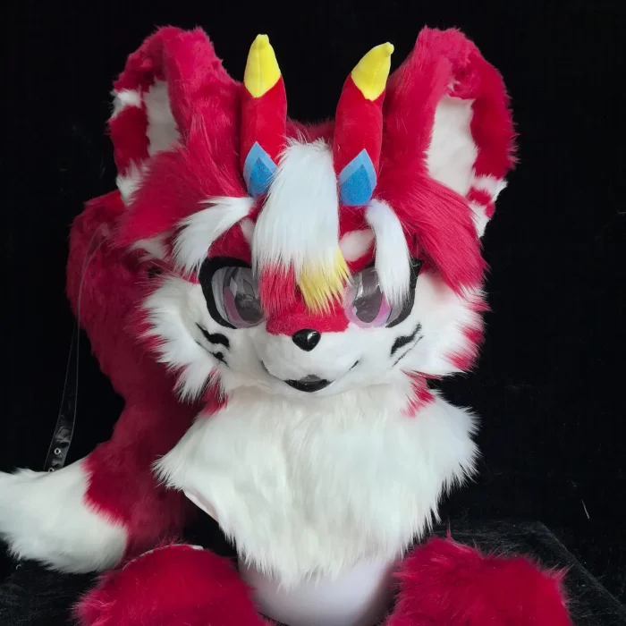 Red‑White Kemono Fursuit Head With Horns, Partial Furry Cosplay Toony Mask