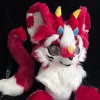 Red‑White Kemono Fursuit Head With Horns, Partial Furry Cosplay Toony Mask