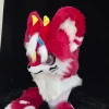 Red‑White Kemono Fursuit Head With Horns, Partial Furry Cosplay Toony Mask