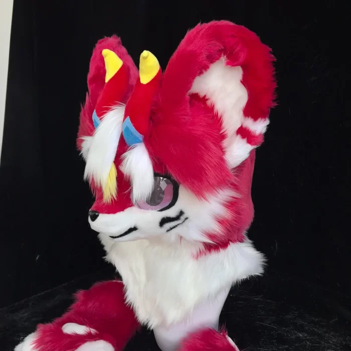 Red‑White Kemono Fursuit Head With Horns, Partial Furry Cosplay Toony Mask