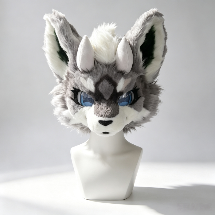 Grey‑White Horned Fantasy Kemono Fursuit Head, Premade Furry Partial