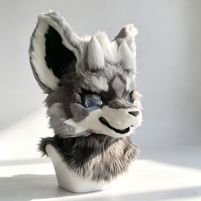 Grey‑White Horned Fantasy Kemono Fursuit Head, Premade Furry Partial