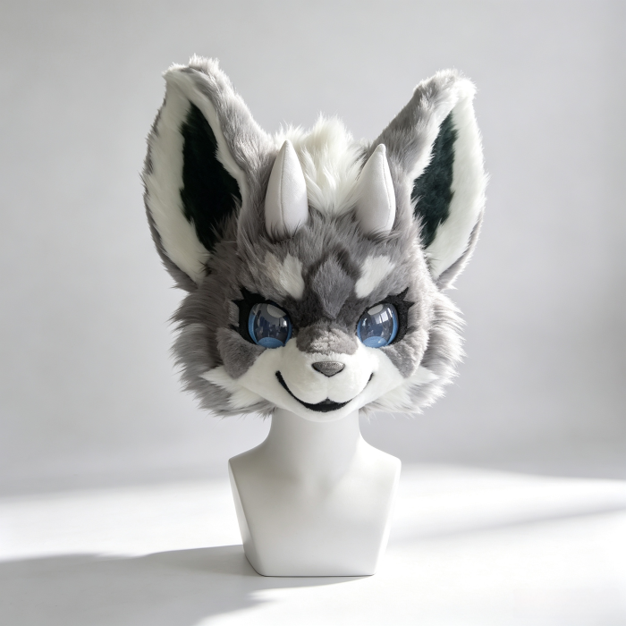Grey‑White Horned Fantasy Kemono Fursuit Head, Premade Furry Partial