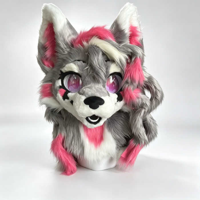 🐺 Grey Pink Kemono Wolf Fursuit Head Set, Handmade Anthro Furry Head + Paws + Tail, OC Commission