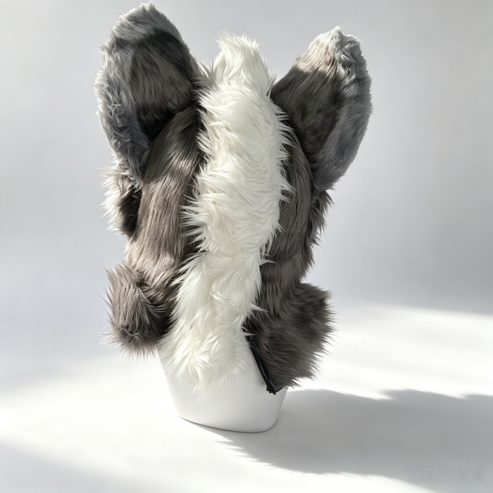 Grey‑White Horned Fantasy Kemono Fursuit Head, Premade Furry Partial