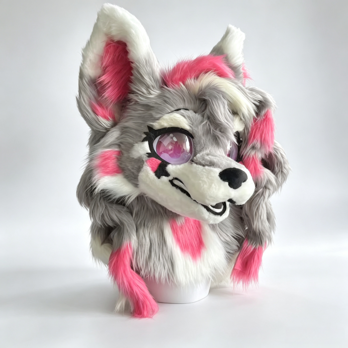 🐺 Grey Pink Kemono Wolf Fursuit Head Set, Handmade Anthro Furry Head + Paws + Tail, OC Commission