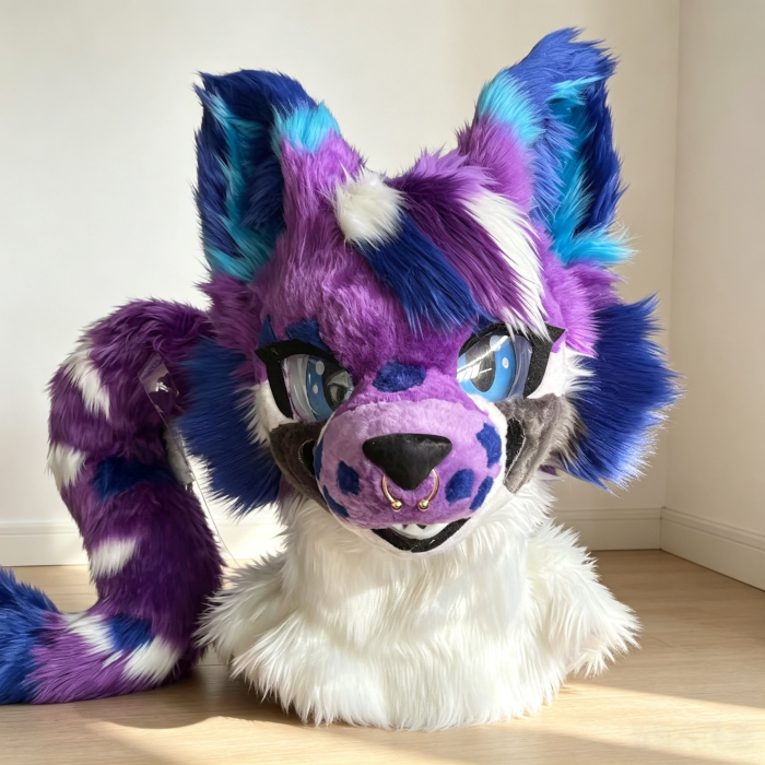 Purple‑Blue Spotted Fantasy Canine Kemono Fursuit Head with Tail, Premade Furry Partial