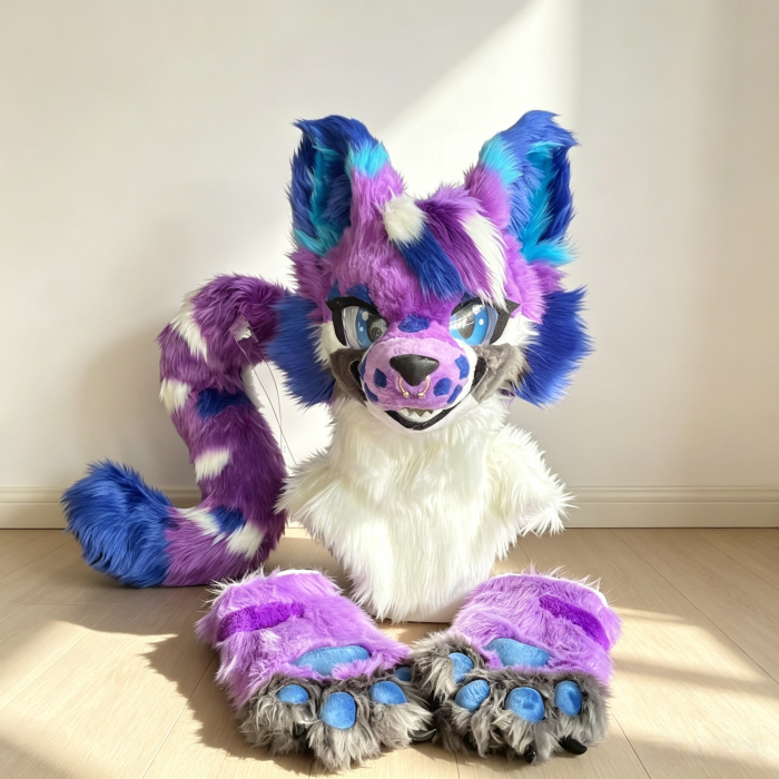 Purple‑Blue Spotted Fantasy Canine Kemono Fursuit Head with Tail, Premade Furry Partial