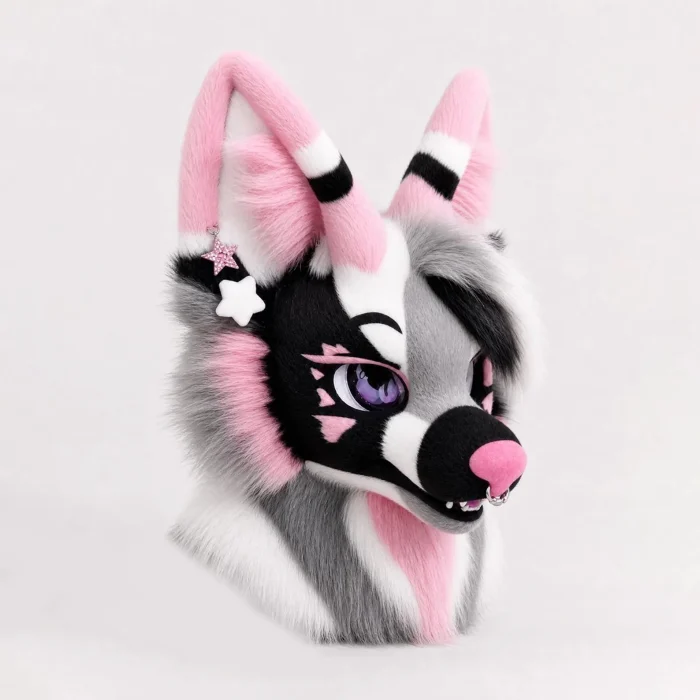 Grey‑Pink Toony Fursuit Head Set with Paws and Tail, Handmade Furry Cosplay Mask