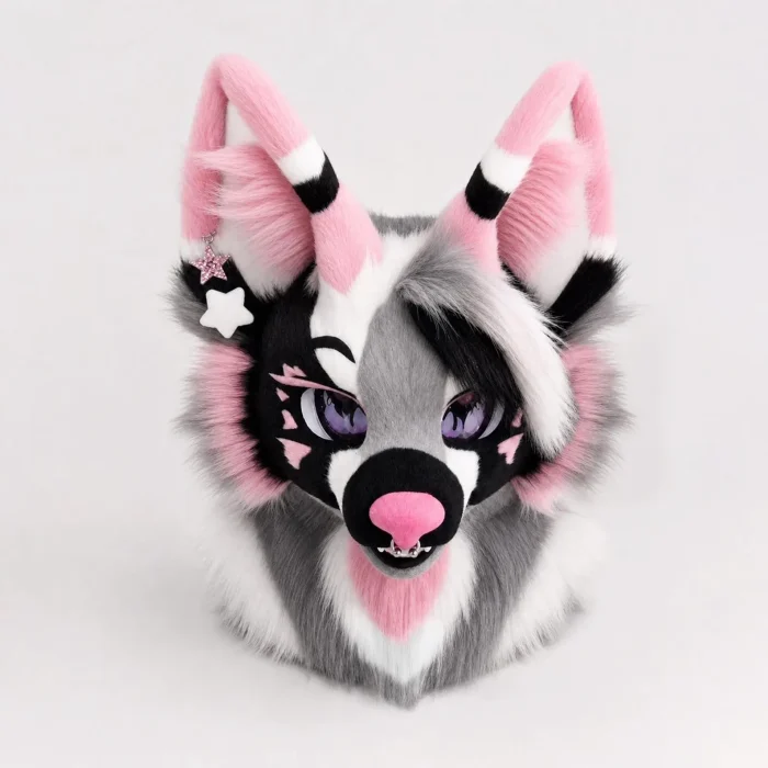 Grey‑Pink Toony Fursuit Head Set with Paws and Tail, Handmade Furry Cosplay Mask