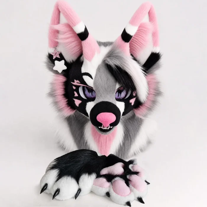 Grey‑Pink Toony Fursuit Head Set with Paws and Tail, Handmade Furry Cosplay Mask