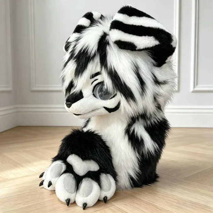 Black White Striped Kemono Fursuit Set With Lining｜Goth Emo Furry Tiger Head & Paws Therian Cosplay Gear