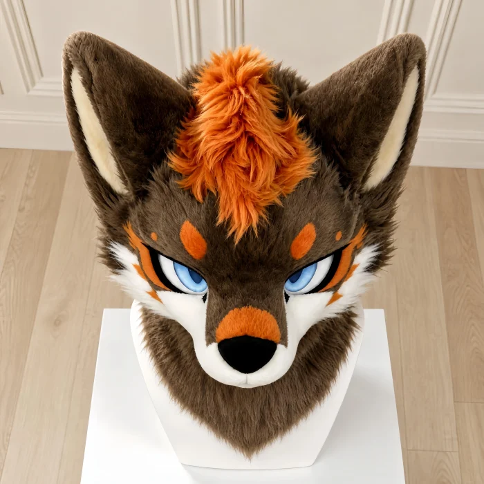 Brown Kemono Fursuit Head, Toony Furry Mask Cosplay, Hand‑made Animal Costume with Orange Accent