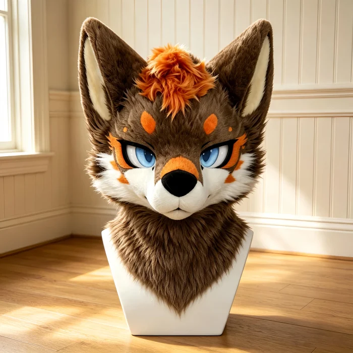 Brown Kemono Fursuit Head, Toony Furry Mask Cosplay, Hand‑made Animal Costume with Orange Accent