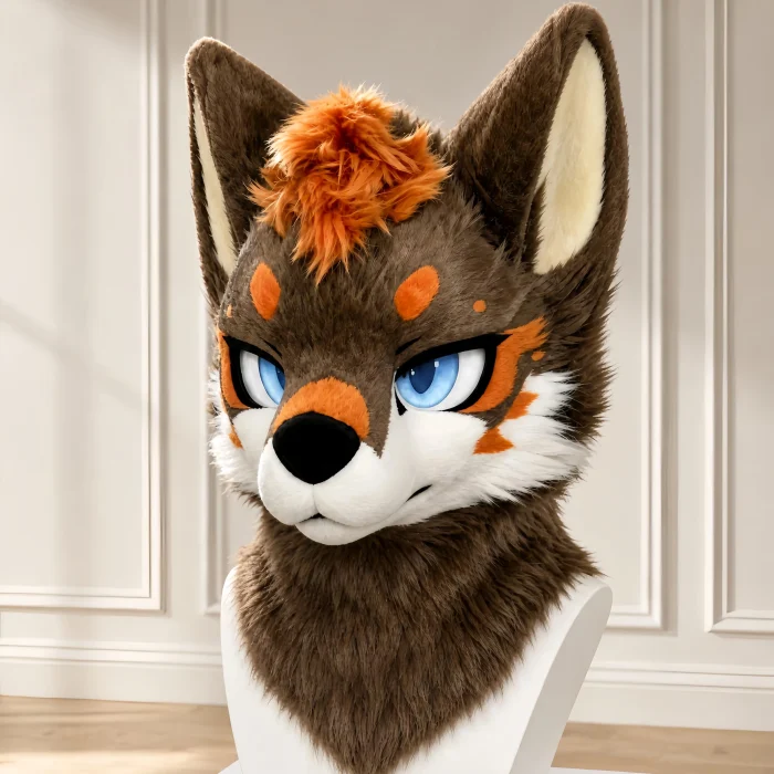Brown Kemono Fursuit Head, Toony Furry Mask Cosplay, Hand‑made Animal Costume with Orange Accent