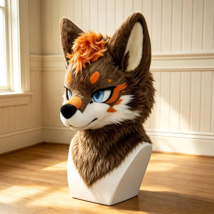 Brown Kemono Fursuit Head, Toony Furry Mask Cosplay, Hand‑made Animal Costume with Orange Accent