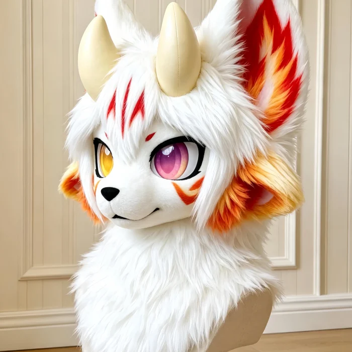 White Red Fox Dragon Kemono Fursuit Partial Set, Head Paws Tail, Heterochromia Anime Furry Mask