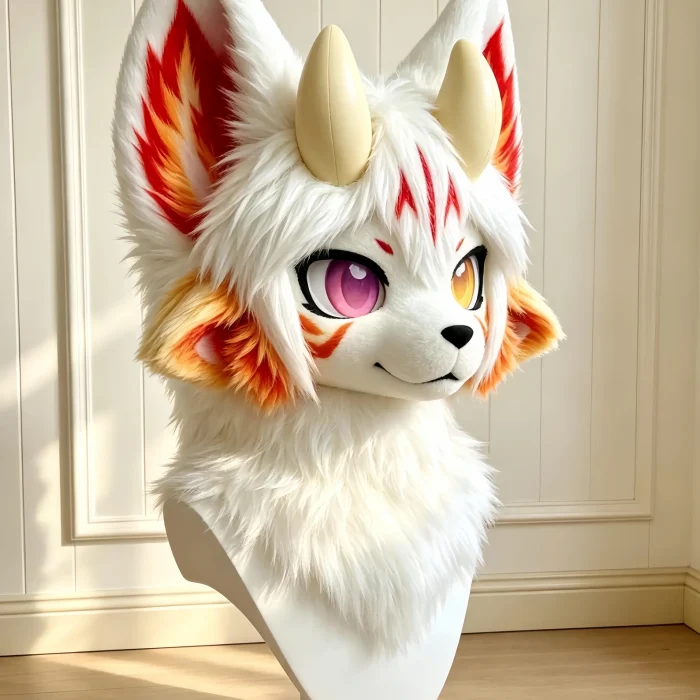 White Red Fox Dragon Kemono Fursuit Partial Set, Head Paws Tail, Heterochromia Anime Furry Mask