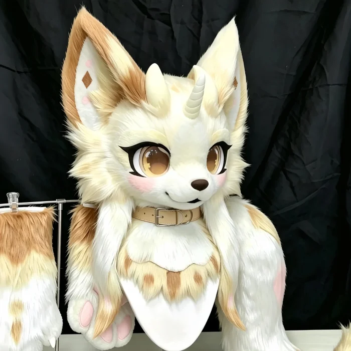 Cream Beige Unicorn Dragon Fox Kemono Fursuit Partial Set, Head + Paws + Tail Toony Furry Cosplay
