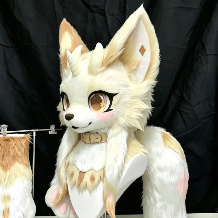 Cream Beige Unicorn Dragon Fox Kemono Fursuit Partial Set, Head + Paws + Tail Toony Furry Cosplay