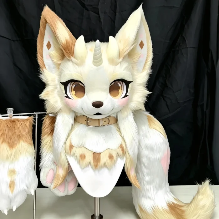 Cream Beige Unicorn Dragon Fox Kemono Fursuit Partial Set, Head + Paws + Tail Toony Furry Cosplay