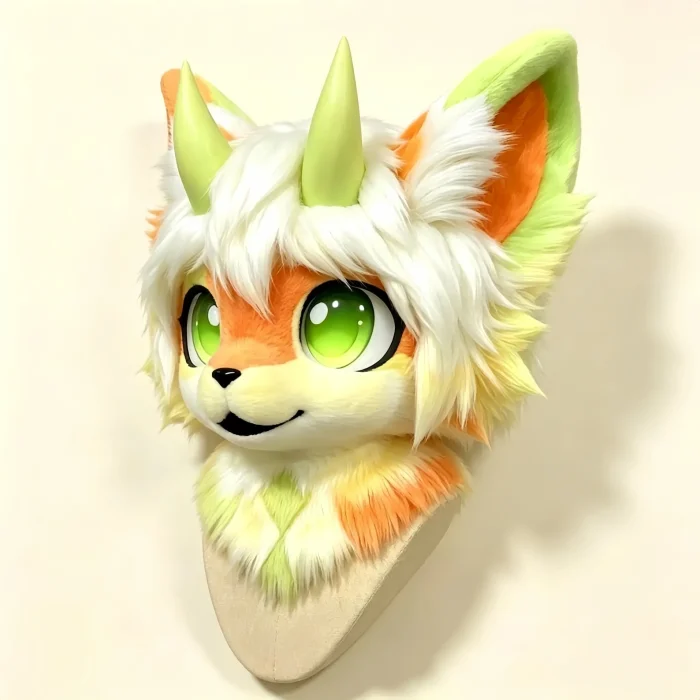 il_1588xN.8498195362_k26n Orange‑White Kemono Fox Fursuit Head, Green Horn Toony Furry Mask Cosplay Costume