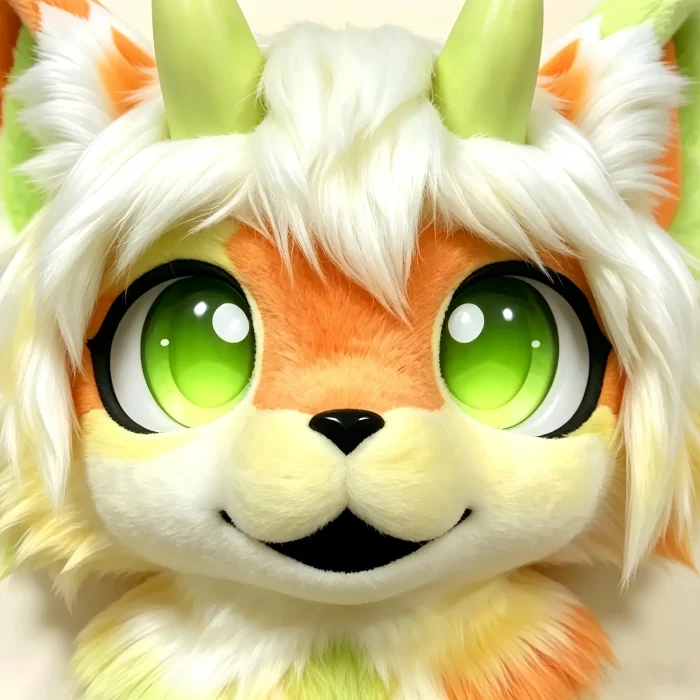 il_1588xN.8498195440_5zzt Orange‑White Kemono Fox Fursuit Head, Green Horn Toony Furry Mask Cosplay Costume