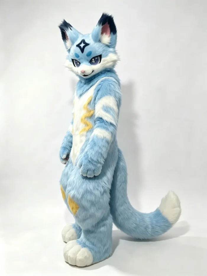 Sky‑Blue Cat Fox Kemono Full Fursuit, Plantigrade Complete Furry Cosplay Suit With Head,Paws,Tail,Foots