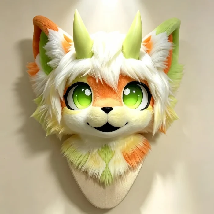 il_1588xN.8546077415_nge9 Orange‑White Kemono Fox Fursuit Head, Green Horn Toony Furry Mask Cosplay Costume