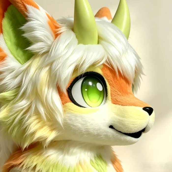 il_1588xN.8546077517_3nbf Orange‑White Kemono Fox Fursuit Head, Green Horn Toony Furry Mask Cosplay Costume