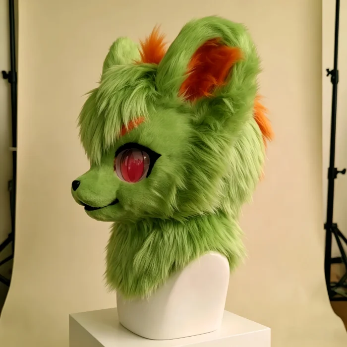 Green Dog KIG Kemono Fursuit Head with Paws and Magnetic Tongue, Orange Accent Plush Cosplay Helmet