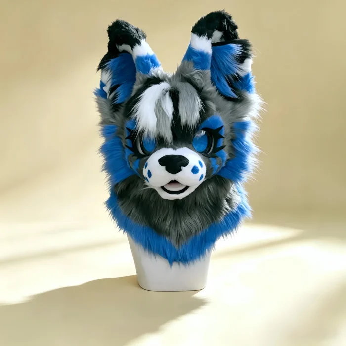 Blue Gray Kemono Dog Fursuit Head with Magnetic Tongue, Blue-Eyed KIG Furry Cosplay Mask