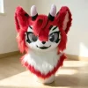 Red Fire Lizard Kemono Fursuit Head, Pink-Horned Green-Eyed Toony Furry Mask, Animal Cosplay Helmet