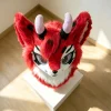 il_1588xN.8570031604_rw4s Red Fire Lizard Kemono Fursuit Head, Pink-Horned Green-Eyed Toony Furry Mask, Animal Cosplay Helmet
