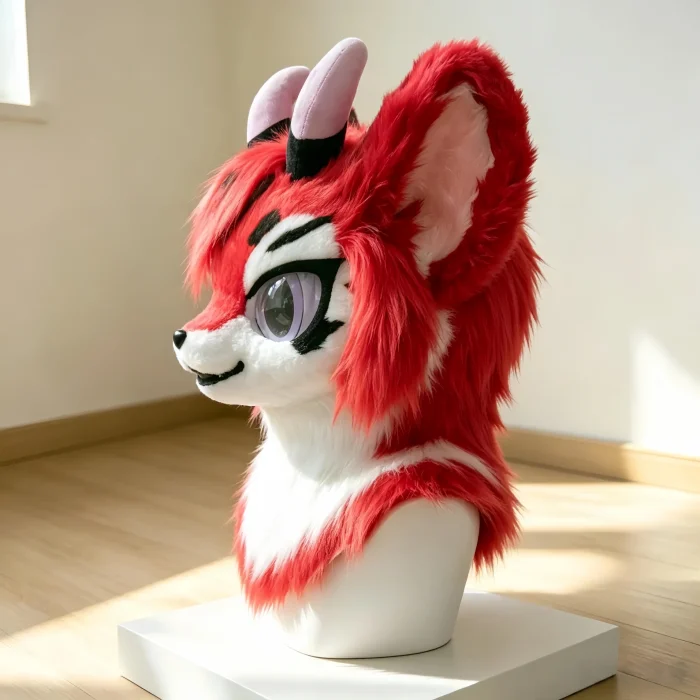 il_1588xN.8570031606_2l3b Red Fire Lizard Kemono Fursuit Head, Pink-Horned Green-Eyed Toony Furry Mask, Animal Cosplay Helmet