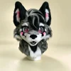 Black‑Gray Kemono Wolf Fursuit Head, Pink Cheek Toony Furry Mask Therian Cosplay Gear