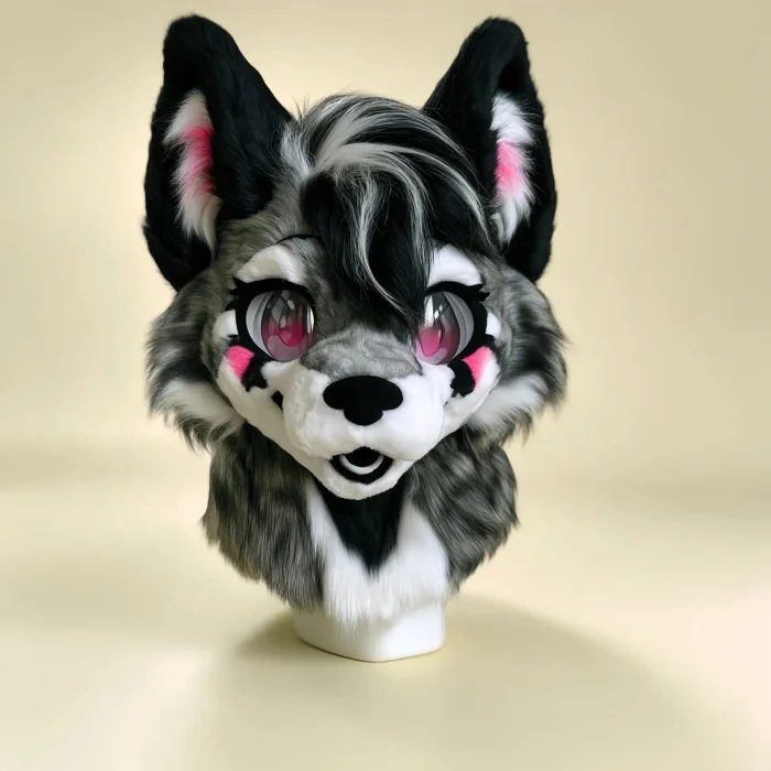 Black‑Gray Kemono Wolf Fursuit Head, Pink Cheek Toony Furry Mask Therian Cosplay Gear