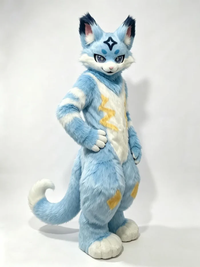 Sky‑Blue Cat Fox Kemono Full Fursuit, Plantigrade Complete Furry Cosplay Suit With Head,Paws,Tail,Foots