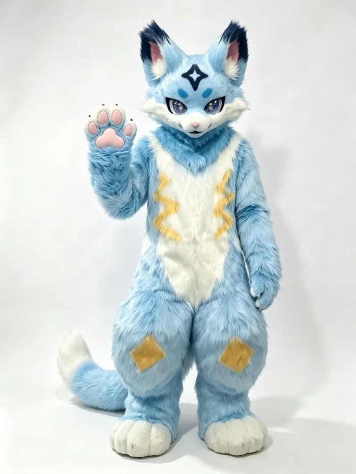Sky‑Blue Cat Fox Kemono Full Fursuit, Plantigrade Complete Furry Cosplay Suit With Head,Paws,Tail,Foots