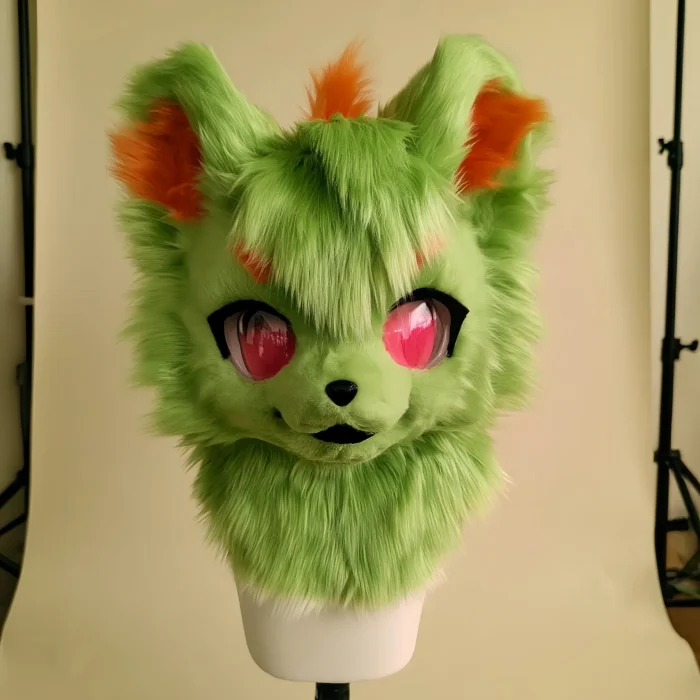 Green Dog KIG Kemono Fursuit Head with Paws and Magnetic Tongue, Orange Accent Plush Cosplay Helmet