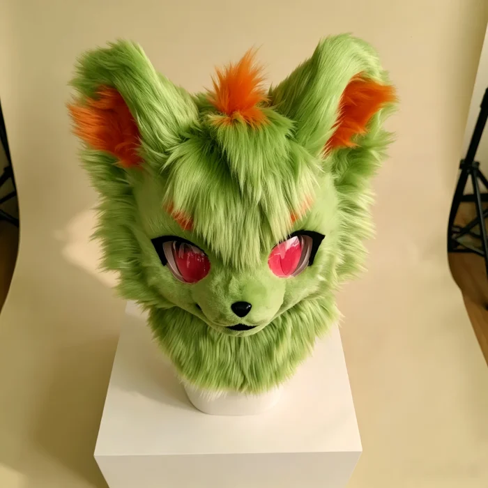 Green Dog KIG Kemono Fursuit Head with Paws and Magnetic Tongue, Orange Accent Plush Cosplay Helmet