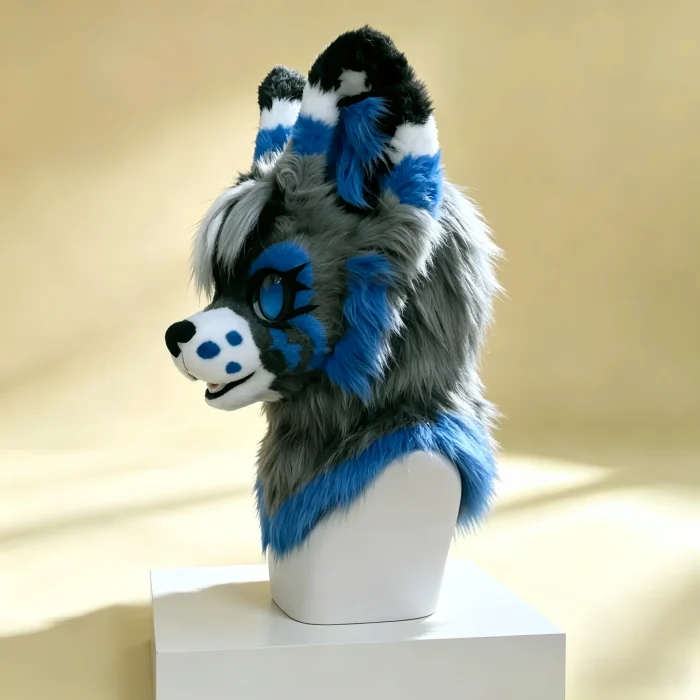 Blue Gray Kemono Dog Fursuit Head with Magnetic Tongue, Blue-Eyed KIG Furry Cosplay Mask