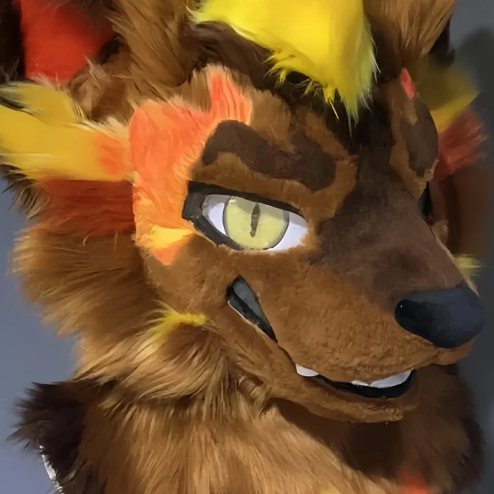 Fierce Smug Hyena Wolf Fursuit Head, Amber-Eyed Kemono Mask with Flame Markings, Hand-Stitched Furry Cosplay Head