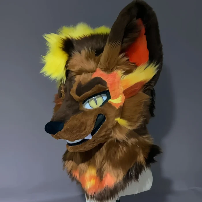 Fierce Smug Hyena Wolf Fursuit Head, Amber-Eyed Kemono Mask with Flame Markings, Hand-Stitched Furry Cosplay Head