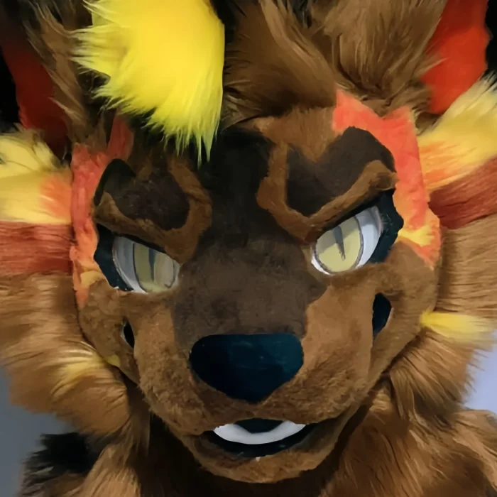 Fierce Smug Hyena Wolf Fursuit Head, Amber-Eyed Kemono Mask with Flame Markings, Hand-Stitched Furry Cosplay Head