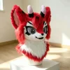 il_1588xN.8617876729_i5q6 Red Fire Lizard Kemono Fursuit Head, Pink-Horned Green-Eyed Toony Furry Mask, Animal Cosplay Helmet