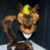 Fierce Smug Hyena Wolf Fursuit Head, Amber-Eyed Kemono Mask with Flame Markings, Hand-Stitched Furry Cosplay Head