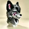 Black‑Gray Kemono Wolf Fursuit Head, Pink Cheek Toony Furry Mask Therian Cosplay Gear