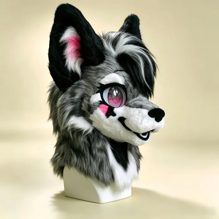 Black‑Gray Kemono Wolf Fursuit Head, Pink Cheek Toony Furry Mask Therian Cosplay Gear